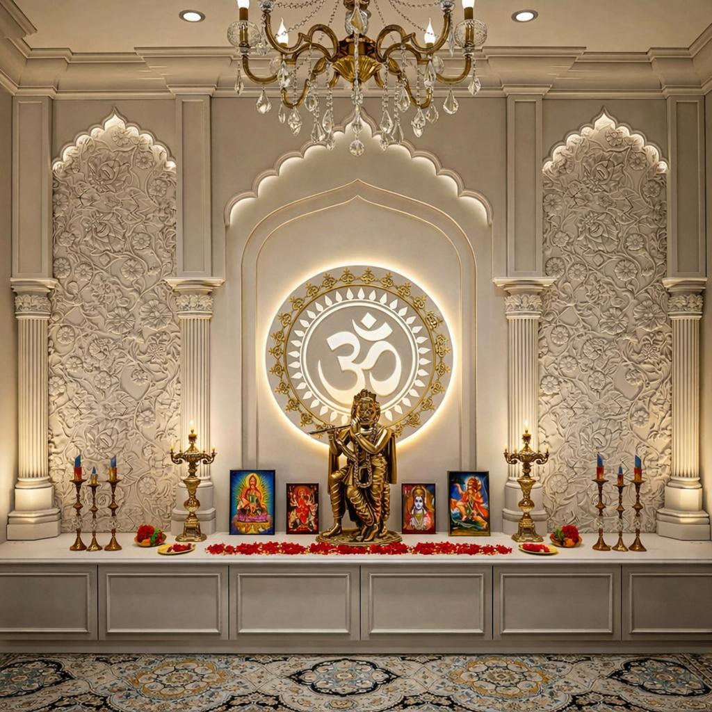 Om Marble Shrine with Brass Accents